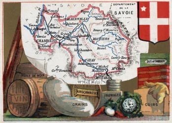 La Savoie (73), Ródano Alpes, Francia. Serie sobre los Departamentos Franceses. Especialidad local: aceite de nuez, vino, granos, kirsch, queso, gasa de Chambéry y cuero. Cromolitografía “el hilo geográfico”, circa 1920. Colección privada