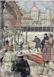 El Sena congelado, cerca del puente de hierro construido para la exposición universal, junto al Pont des Invalides, invierno de 1899. Grabado en "Le Pelerin" 31/12/1899