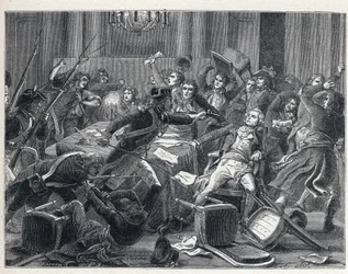 El Terror durante la Revolución Francesa: arresto de Maximilien de Robespierre (1758-1794) y sus seguidores reunidos en el Hotel de Ville de París el 9 de Thermidor año II (27 de julio de 1794). En el centro, un gendarme disparó una pistola a Robespierre (