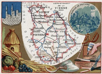 La Vienne, Poitou-Charentes, Francia. Semillas, cubiertos de Chatellerault y calcetería. Serie sobre los Departamentos Franceses. Cromolitografía, circa 1920. Colección privada.