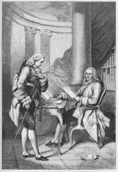 La dimisión de Turgot 1776 - Luis XVI (1754-1793), rey de Francia, y Anne Robert Jacques Turgot (1727-1781) - La dimisión de Turgot - grabado de “L