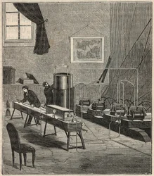 La licuefacción de gases en el laboratorio de Raoul Pictet (1878) - Raoul Pierre Pictet (1846-1929) físico suizo, realiza un experimento para licuar y solidificar gas hidrógeno, y estudia las propiedades de las sustancias a bajas temperaturas - Grabado en 