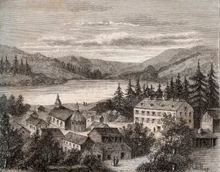 Lago de Gerardmer - Alsacia Champaña Ardenas Lorena - grabado en “La France illustrée: geografía, historia, administración estadística” por V.A. Malt-Brown. 1884