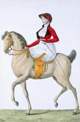 Dama montando de lado, de Costumes Parisien, publicado en Journal des Dames et des Modes, 1798