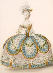 Dama con vestido para una ocasión real, diseño atribuido a Anvorious, pub. abril 1796