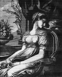 Lais, originaria de Sicilia, fue capturada y llevada como esclava a Corinto. Se convirtió en la amante de Aristipo, Demóstenes y Diógenes el cínico. Grabado en “La historia de la prostitución y la depravación entre todos los pueblos del mundo desde la anti