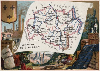 El Allier (03), Auvernia, Francia. Helado, oleaginosas, brea, manta de lana y sábanas. Serie sobre los Departamentos Franceses. Cromolitografía "el hilo geográfico", circa 1920. Colección privada