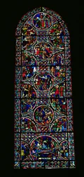 Ventana lanceta que representa la Parábola del Buen Samaritano