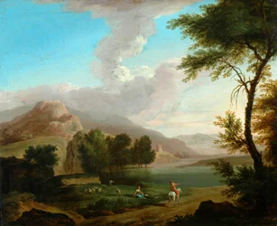 Paisaje con figuras junto a un lago