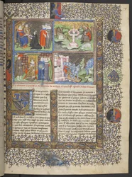 Lansdowne 1178 f. 19 miniaturas que incluyen detalles de caballeros con cascos con viseras en un puente levadizo que defiende una ciudad del ataque de caballeros con lanzas, c.1415-20 (vitela)