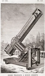 Gran telescopio de espejo de plata (sistema Léon Foucault), montado ecuatorialmente para el Observatorio de Marsella - en “El Cielo” de Amédée Guillemin, Hachette, París