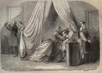 Últimos momentos de Charles Lafarge (1811-1840), esposo de Marie Fortunee Capelle, Marie Lafarge (Madame) (1816-1852) criminal francesa - Grabado en "Causas célebres de todos los pueblos" por Armand Fouquier (1817-18?) 1858-1867 - colección privada