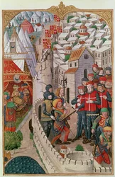 La ejecución de los dos turcos que se infiltraron en Rodas y conspiraron para envenenar al comandante de la guarnición en 1480, de Una Historia del Asedio de Rodas, por Guillaume Caoursin, 148