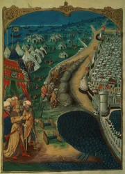 Lat 6067 f.50v El principal asesor de Mahoma II, posiblemente Miseh Paleólogo, dirigiendo las operaciones turcas, c.1480, de Una Historia del Sitio de Rodas, por Guillaume Caoursin, 1483