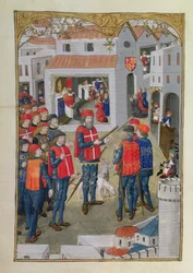 Lat 6067 fol.33v Los Caballeros de San Juan de Jerusalén se preparan para defender Rodas, de A History of the Siege of Rhodes, por Guillaume Caoursin, 1483