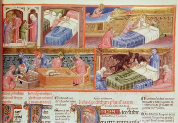 Hombre bueno siendo llevado al Cielo y hombre codicioso al Infierno, de la Hebraica Romana Gallica