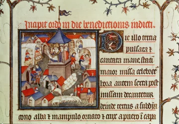 Miniatura de un obispo bendiciendo la feria o mercado anual celebrado durante dos semanas en junio en las llanuras de San Denis, de un pontifical, 1301-1400