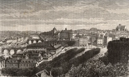 Laval - Mayenne - Países del Loira - grabado en “La France illustree: geographie, histoire, administración statistique” por V.A. Malt-Brown. 1884