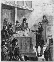 Juicio de Lavoisier - Antoine Laurent de Lavoisier (1743-1794), químico francés ante el tribunal revolucionario - Grabado en "Ciencias a la disposición de todos - física y química populares" por Alexis Clerc - Finales del siglo XIX - Colección privada