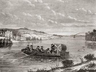 Tendido de un cable telegráfico bajo un río americano c.1860, de Les Merveilles de la Science, publicado c.1870 (grabado)