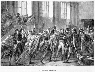 El 18 Brumario año 8: golpe de estado de Napoleón en Saint-Cloud en el Consejo de los Quinientos (sala de los 500) - en “La France Populaire”