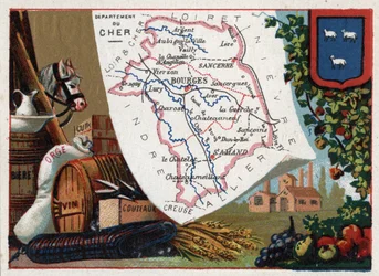 Le Cher (18), Centro, Francia. Serie sobre los Departamentos Franceses. Cerveza, cebada, cuero, vino y cuchillos. Cromolitografía “el hilo geográfico”, circa 1920. Colección privada.