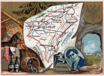 Le Doubs, Franco Condado, Francia. Retrato de Georges Cuvier (1764-1832), paleontólogo francés. Especialidad local: kirsch, ajenjo, relojería, alambre y agricultura. Serie sobre los Departamentos Franceses. Cromolitografía