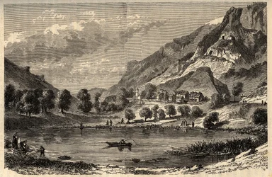 Le Lauzet-Ubaye - El lago de Lauzet - comuna en el departamento de Alpes de Alta Provenza en el sureste de Francia - grabado en “PATRIE” - DESCRIPCIÓN PICTÓRICA DE FRANCIA EN 6 VOLÚMENES POR LUCIEN HUARD - finales del siglo XIX
