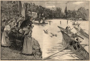 Le Lendit de París: regatas escolares en el gran lago del bosque de Boulogne - Grabado de 1894 después del dibujo de Mr Lunel