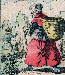 Le Pere Fouettard, personaje francés del padre azotador, figura legendaria del folclore que castiga a los niños traviesos: su esposa, La Mere Fouettard, la madre azotadora que persigue a los niños que faltan a la escuela - Imagen de Epinal