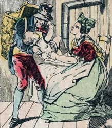 Le Pere Fouettard, personaje francés del padre azotador, figura legendaria del folclore que castiga a los niños traviesos y encierra a los desobedientes, imagen de Epinal del siglo XIX (grabado)