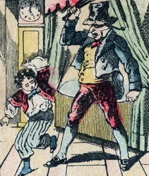 Le Pere Fouettard, personaje legendario del folclore, castigando a los niños desobedientes con su látigo, e encerrando a los niños desobedientes, imagen de Epinal