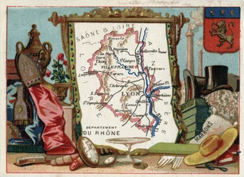 Le Rhone, Rhone Alpes, Francia. Especialidad local: seda, marrón, encaje. Serie sobre los Departamentos Franceses. Cromolitografía, circa 1920. Colección privada.