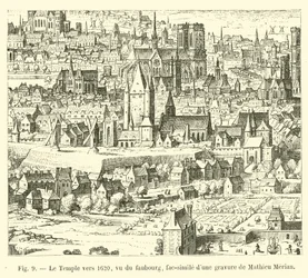 El Temple hacia 1620, visto desde el suburbio, facsímil de un grabado de Mathieu Merian