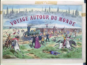 Le Voyage Autour du Monde, portada de una caja para un juego basado en La Vuelta al Mundo en 80 Días de Julio Verne (1828-1905)