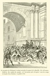 El marqués de Pellepont intentando rescatar al mayor de la Bastilla, M de Losme-Salbray, de las manos del pueblo, está a punto de expirar bajo los golpes de hacha de un furioso, 14 de julio de 1789
