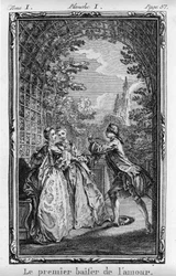 El primer beso del amor. Ilustración de «Julia, o la nueva Eloísa» de Jean-Jacques Rousseau (1712-1788), ed. 1769
