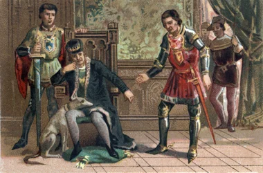 Liga del Bien Público: El Rey Luis XI se encuentra con Carlos el Temerario en Peronne, Duque de Borgoña. Cromolitografía alrededor de 1890.