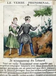 Lección sobre verbos pronominales. En “La gramática en imágenes”, álbum de folletos, circa 1850