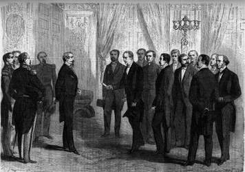 El emperador Napoleón III recibe en las Tullerías a la delegación mexicana encargada de ofrecer la corona de México al príncipe Maximiliano (Maximiliano I de México). París