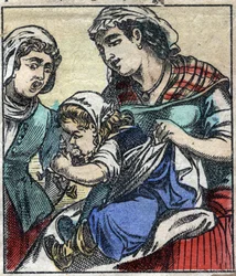 Lemuel Gulliver en el País de los Gigantes de Brobdingnag. Ilustración para "Los viajes de Gulliver" de Jonathan Swift (1667-1745). Imagen de Épinal de finales del siglo XIX.