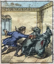 Lemuel Gulliver lucha contra ratas en la tierra de los gigantes de Brobdingnag. Ilustración para "Los viajes de Gulliver" de Jonathan Swift (1667-1745). Imágenes de Epinal de finales del siglo XIX.