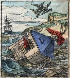 Lemuel Gulliver está en su casa en la tierra de los gigantes de Brobdingnag. Ilustración para “Los viajes de Gulliver” de Jonathan Swift (1667-1745). Imagen de Epinal de finales del siglo XIX.