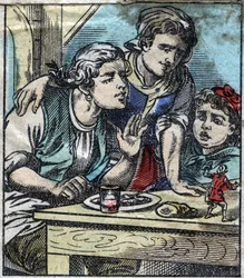 Lemuel Gulliver en la mesa de la familia Glumdalclitch, en la tierra de los gigantes de Brobdingnag. Ilustración para "Los viajes de Gulliver" de Jonathan Swift (1667-1745). Imágenes de Epinal de finales del siglo XIX.