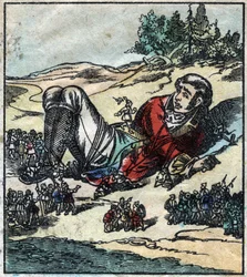 Lemuel Gulliver se despertó después de su naufragio y fue tomado prisionero por los liliputienses. Ilustración para "Los viajes de Gulliver" de Jonathan Swift (1667-1745). Imagen de Epinal finales del siglo XIX.