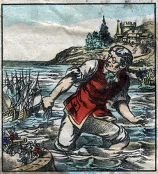 Lemuel Gulliver disparó los barcos del ejército de Blefuscu al puerto capital de Lilliput. Ilustración para "Los viajes de Gulliver" de Jonathan Swift (1667-1745). Imágenes de Epinal de finales del siglo XIX.