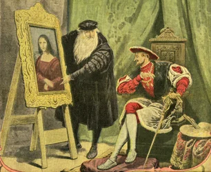 Leonard de Vinci presenta su cuadro La Mona Lisa (Mona Lisa, Monna Lisa) a François 1er, que lo compró por 4000 florines de oro (15 kilos de oro) en 1517. Grabado de la portada del suplemento ilustrado del Petiure Journal n° 1206, 28/12/1913.