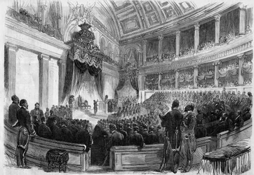 Leopoldo II (1835-1909), Rey de los Belgas, prestó juramento ante los grandes cuerpos del estado en 1865.