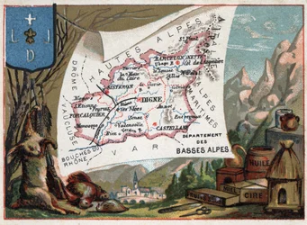 Los Alpes Bajos, hoy departamento de los Alpes de Alta Provenza (04), Francia. Especialidad local: caza, cera, miel, frutas secas y aceite. Serie sobre los Departamentos Franceses. Cromolitografía "el hilo geográfico", circa 1920. Colección privada
