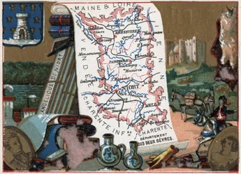 Les Deux Sèvres (Deux-Sèvres, 79), Poitou Charente (Poitou-Charente), Francia. Ángel de Niort. Serie sobre los Departamentos Franceses. Cromolitografía “el hilo geográfico”, circa 1920. Colección privada.